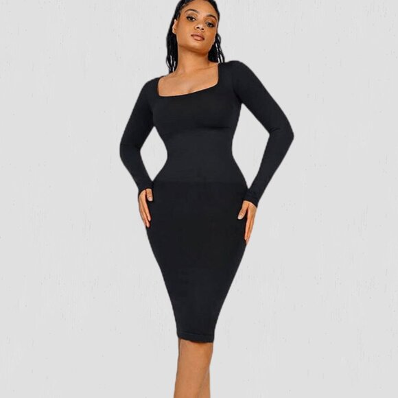 Magic Sculpt Built-In Shapewear Dress, Long Sleeve Black - Picture 1 of 5